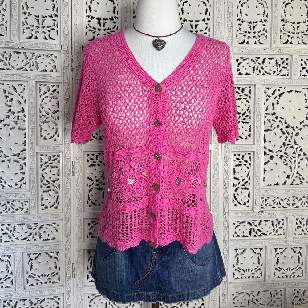 Koret Pink Open Knit Coquette Cardigan With Stone & Beading Details‎ Sz Medium